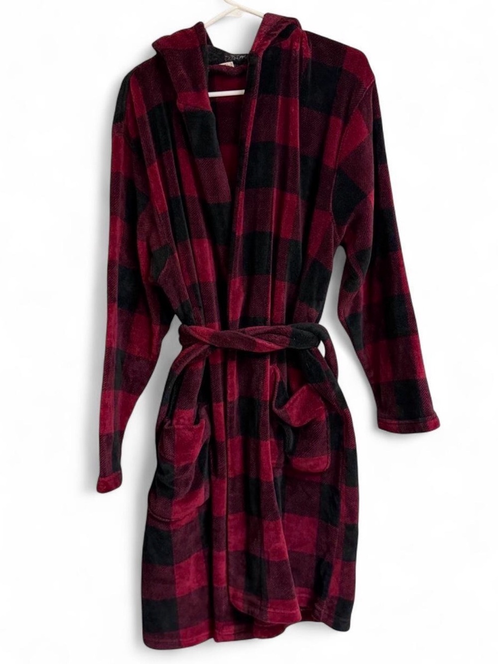 St. John's Bay Hooded Plush Robe - Burgundy & Black Buffalo Plaid